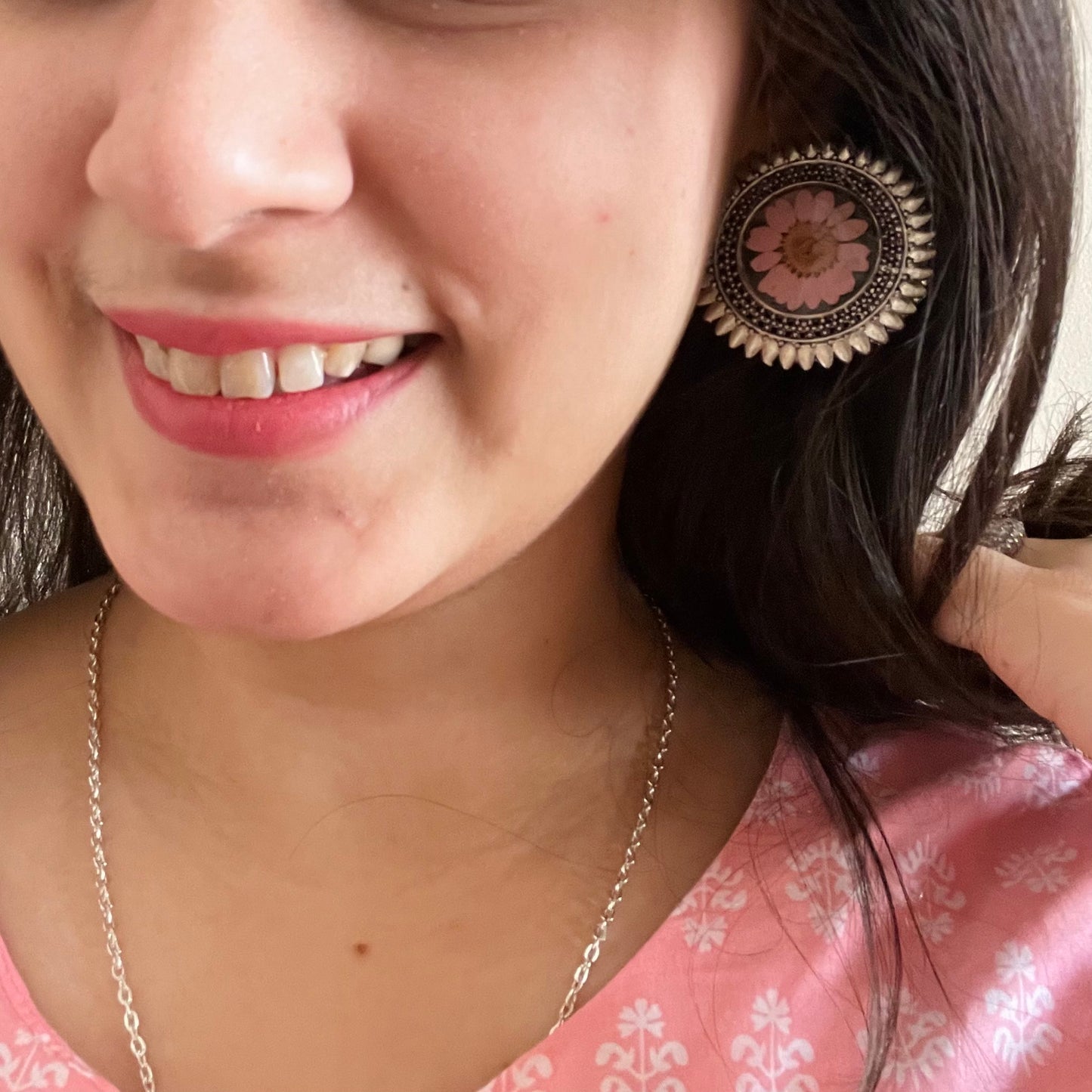 Pink Daisy Oxidised Earrings