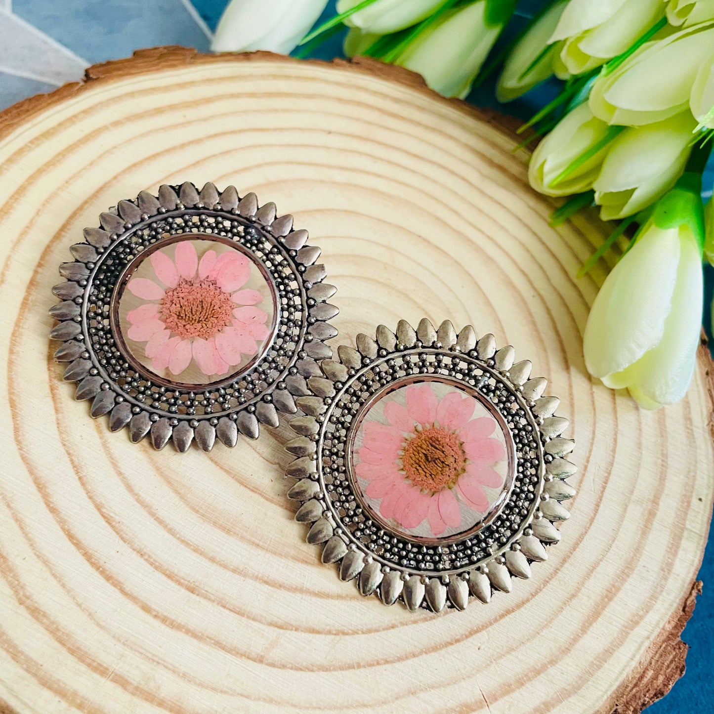 Pink Daisy Oxidised Earrings