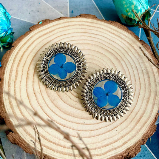 Blue Real Flower Oxidised Earrings