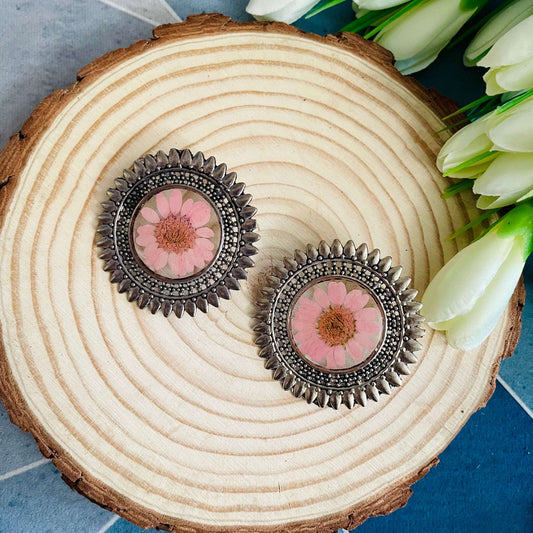 Pink Daisy Oxidised Earrings