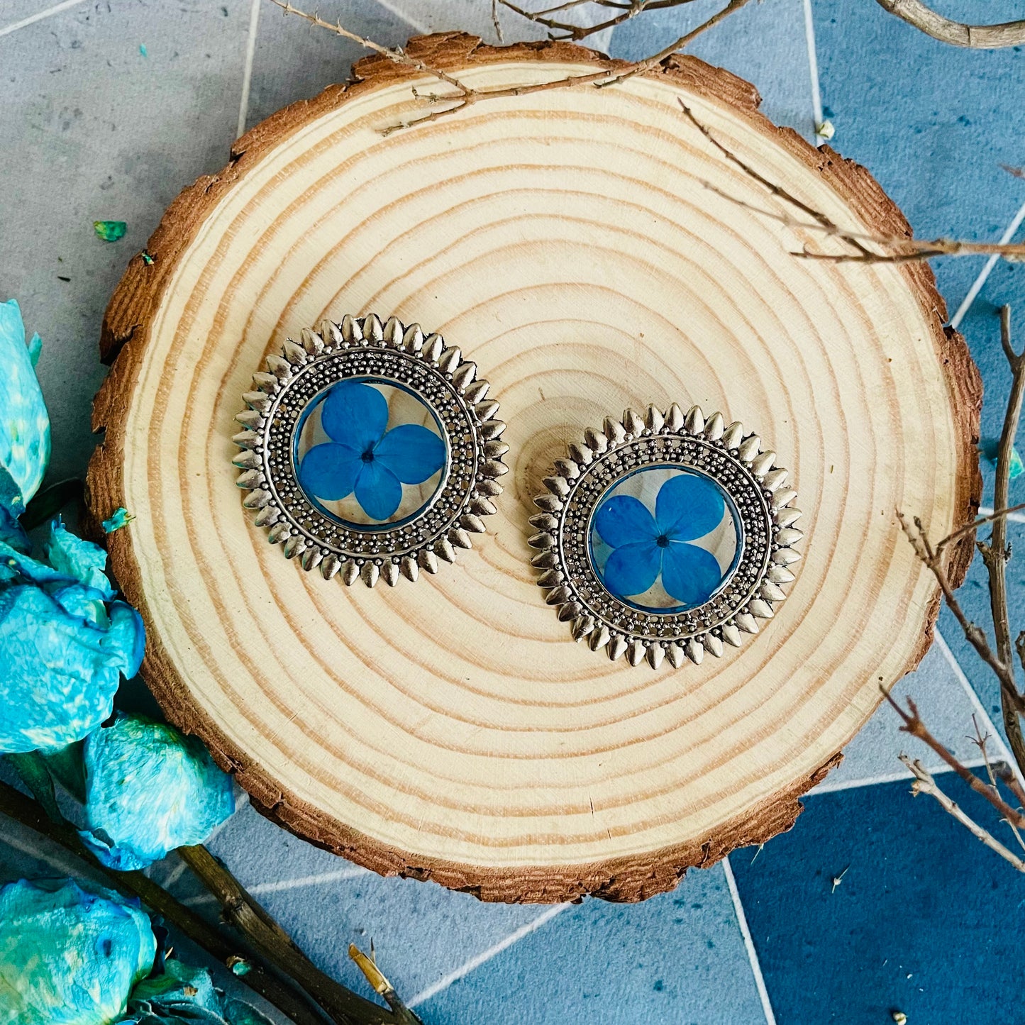 Blue Real Flower Oxidised Earrings