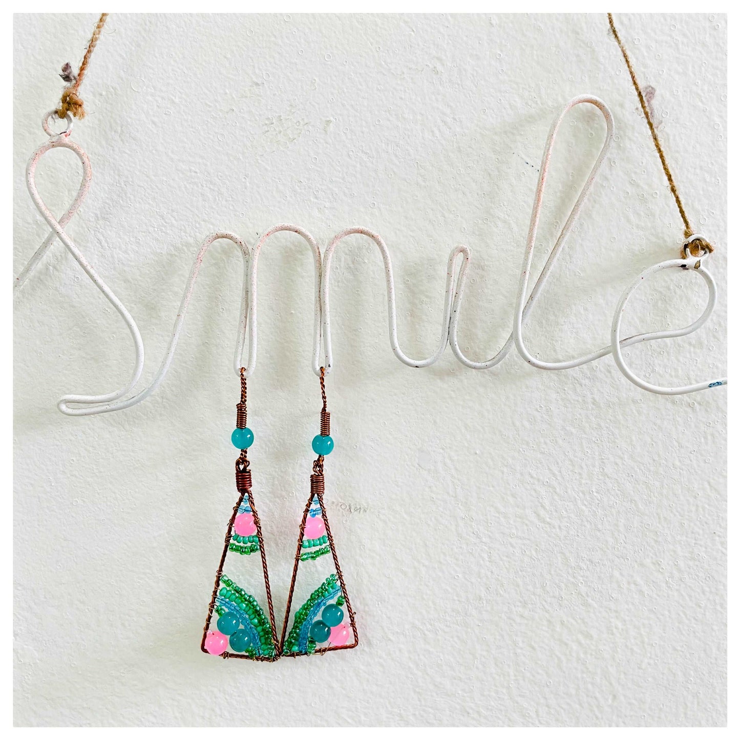 Green Beaded Triangle Earrings - beattrangi