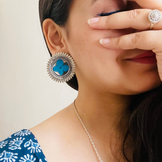 Blue Real Flower Oxidised Earrings