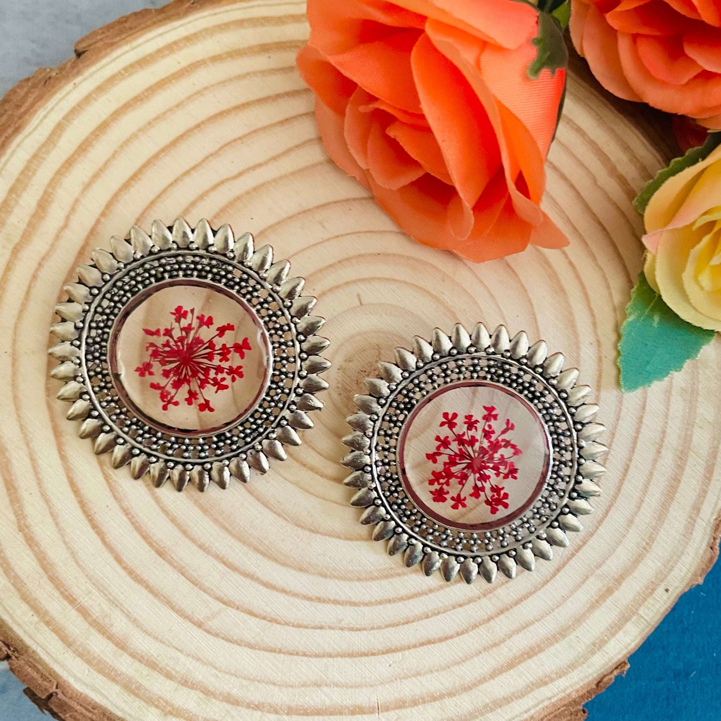 Red Flower Oxidised Earrings
