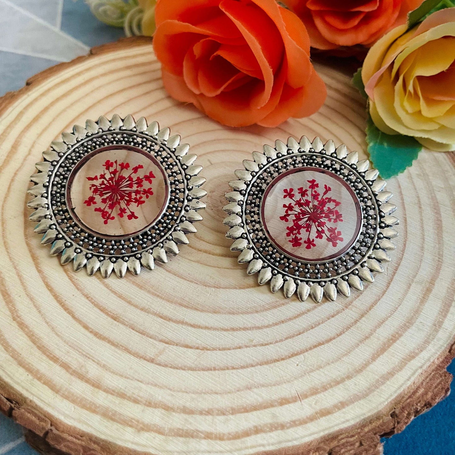 Red Flower Oxidised Earrings