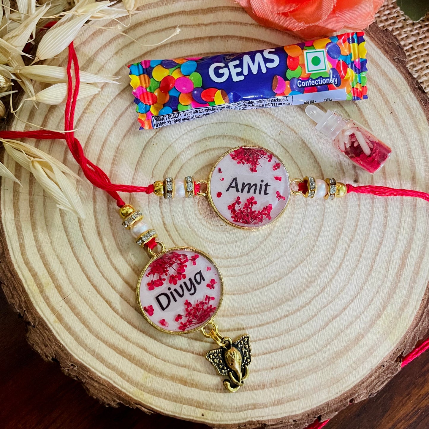 Red Name Rakhi with Real Lace Flower