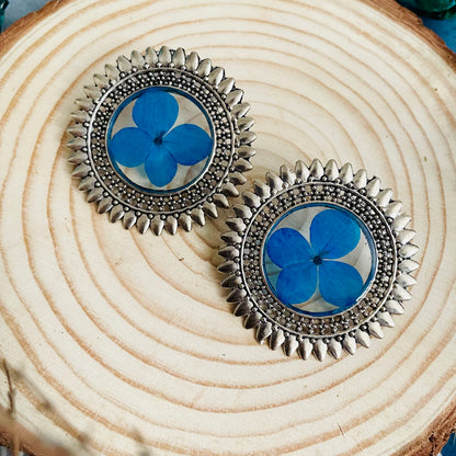Blue Real Flower Oxidised Earrings
