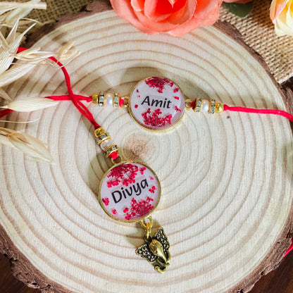 Red Name Rakhi with Real Lace Flower