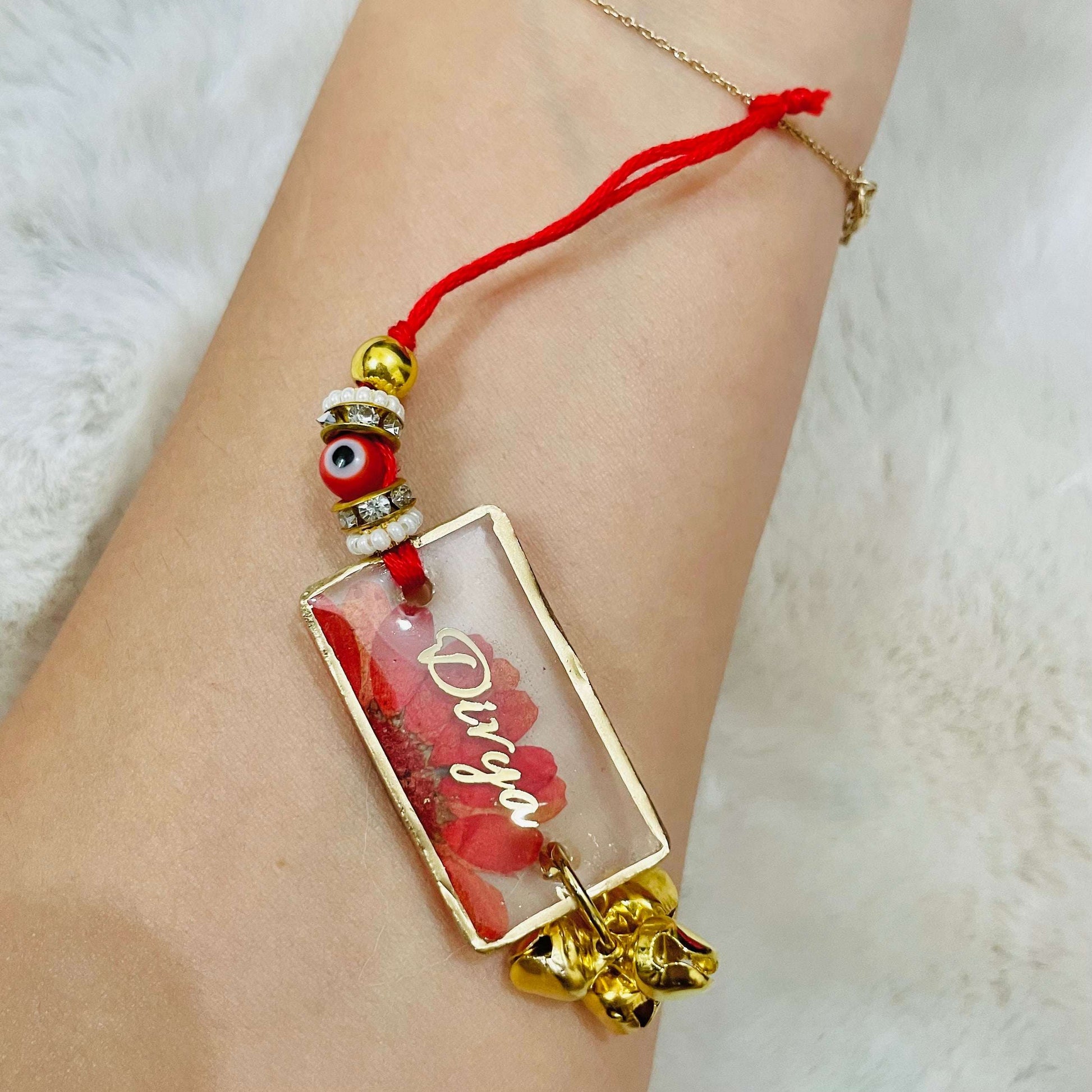 Red Daisy Evil Eye Customised Name Rakhi