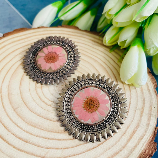 Pink Daisy Oxidised Earrings